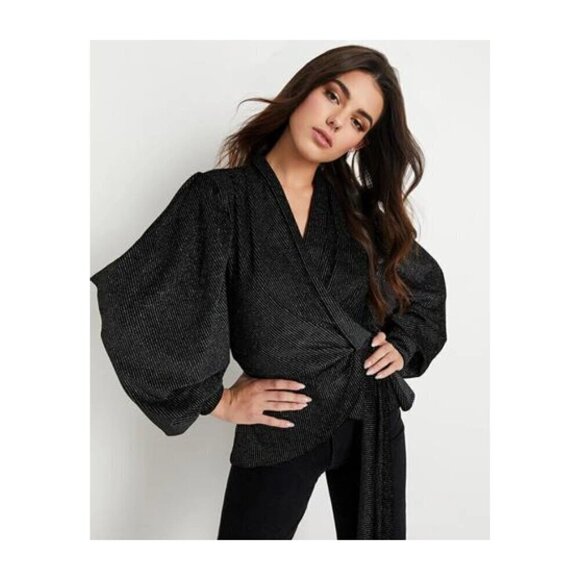 PatBO Strass Metallic Velvet Wrap Top, Black/Silver - Picture 1 of 3